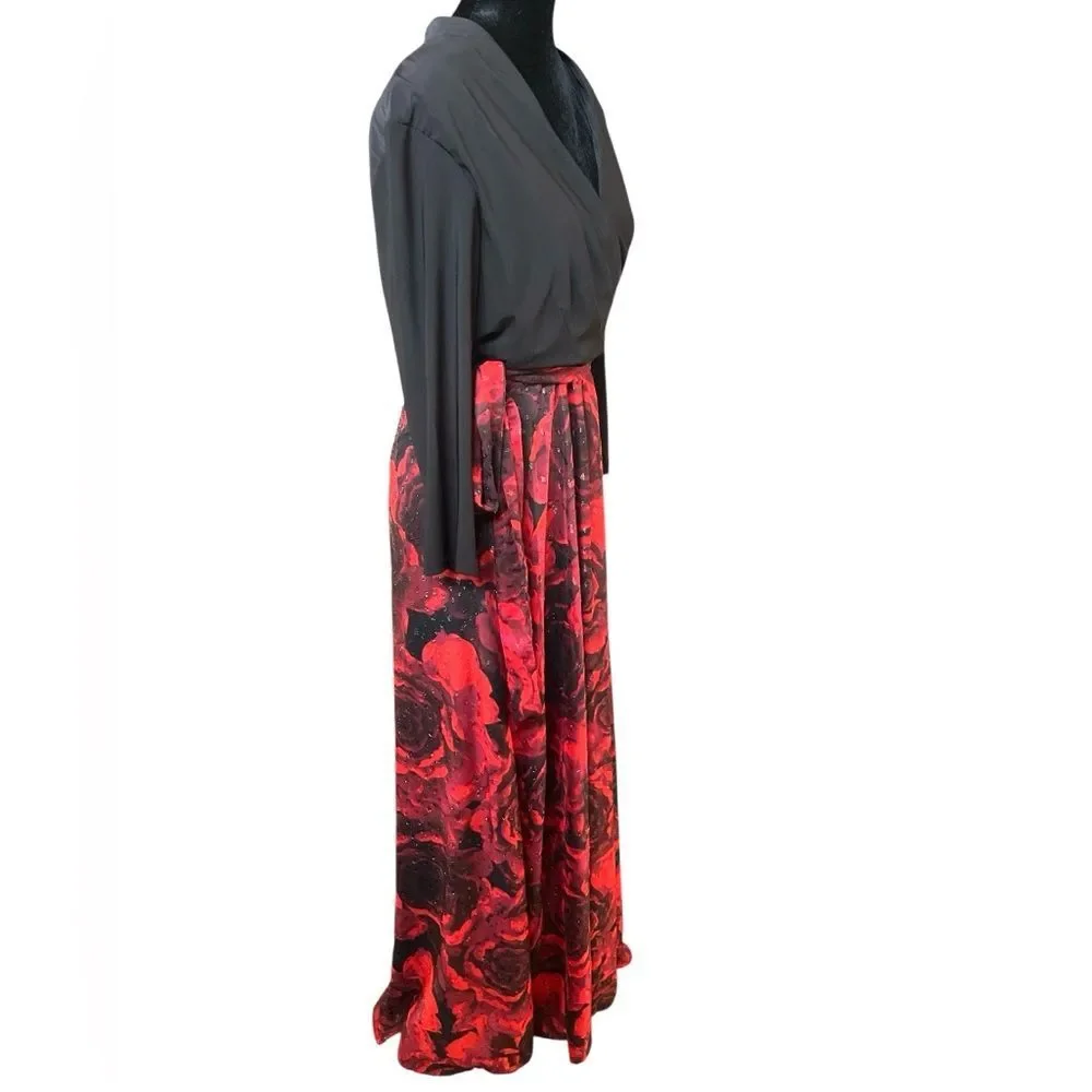 Leslie Fay Maxi Gown Dress Rose Floral Print Skirt Size 10 Vintage Elegant